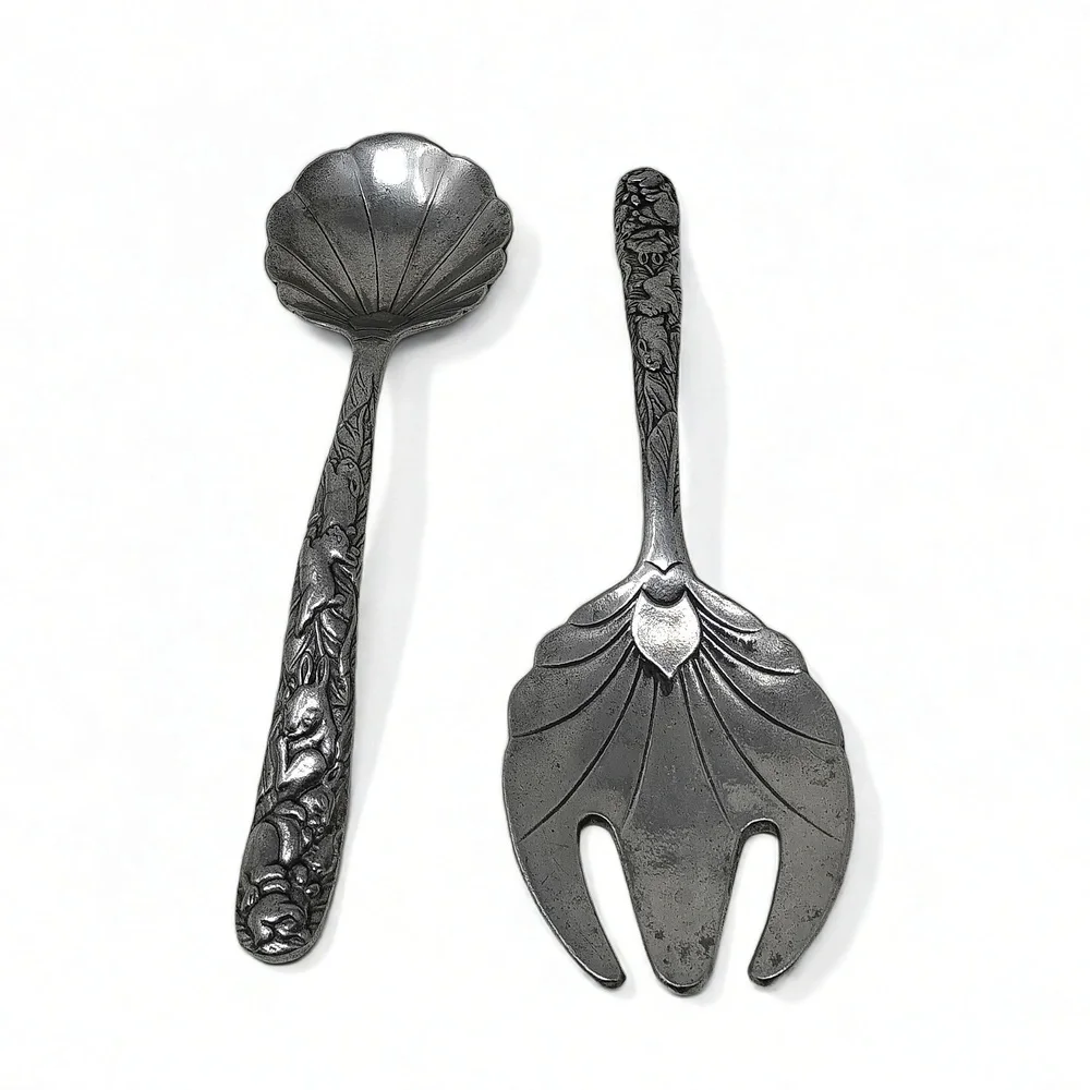 Arthur Court Serving Set Bunny Rabbit Handle Clam Shell Aluminum 1990 Vintage